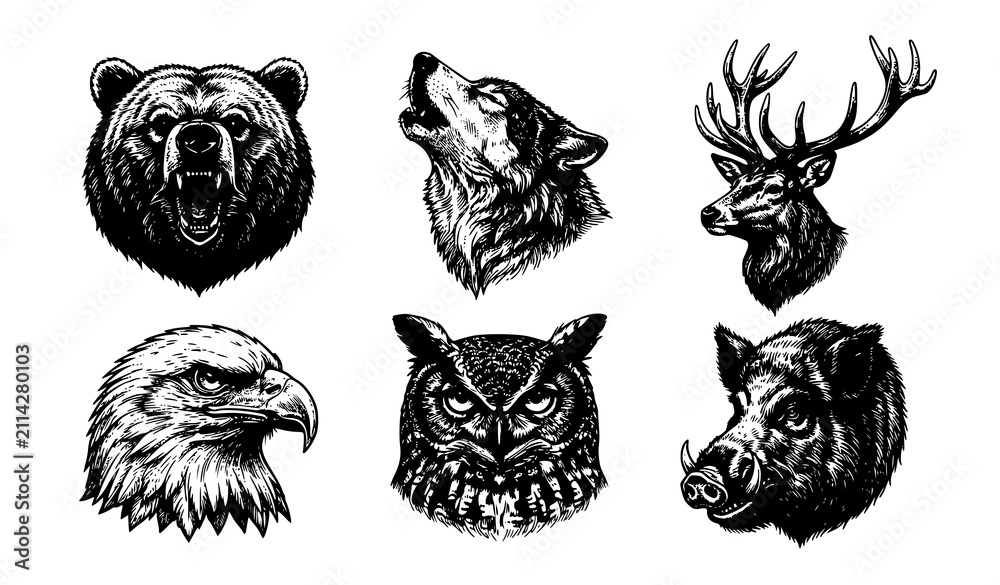 Obraz premium Vintage Forest Wildlife Animal Head Mascot Vector Set Featuring Detailed Grizzly Bear Wolf Deer Eagle Owl and Wild Boar Illustrations