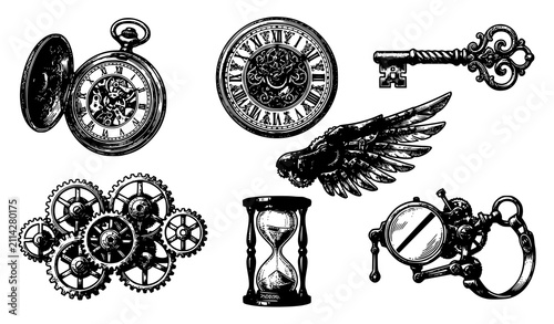 Vintage Steampunk Vector Icon Set Featuring Pocket Watch Gears Key Hourglass Clock Face Wing and Mechanical Handcuffs For Design