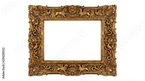Ornate antique golden picture frame with intricate carvings and decorative elements.