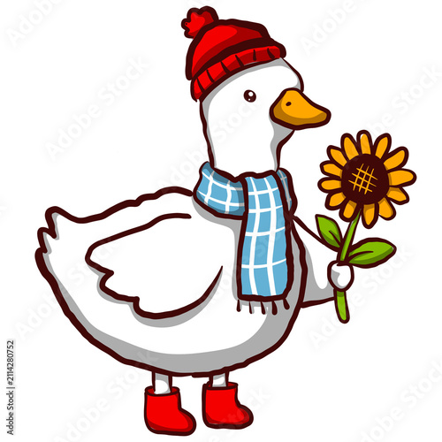 Cheerful Cartoon Goose Holding Sunflower in Winter Outfit