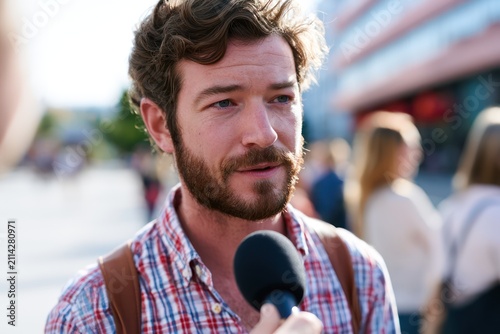 Street journalism interview on sunny avenue