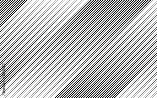 Monochrome diagonal stripe halftone line pattern with alternating thickness transition. Vector illustration of abstract optical illusion geometry, modern minimalist black white line art wallpaper.