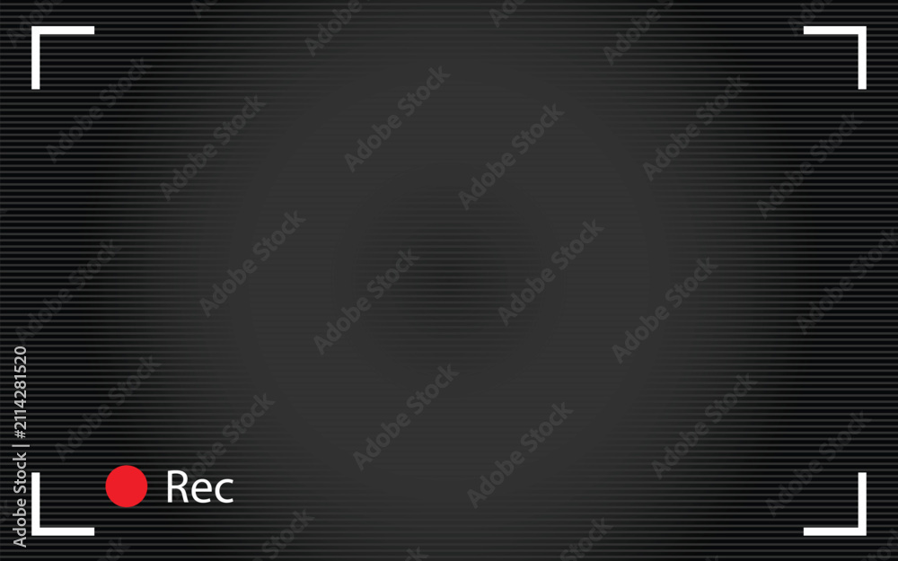 Obraz premium Camera viewfinder screen recording overlay with red rec indicator and focus corner marks. Vector illustration of cctv security camera monitor grid texture, video recording interface frame template.