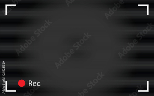 Camera viewfinder screen recording overlay with red rec indicator and focus corner marks. Vector illustration of cctv security camera monitor grid texture, video recording interface frame template.