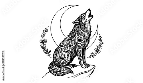 Фотография A highly distinctive decorative vector artwork featuring a powerful wolf in a three-quarter view with its head lifted in a howling pose