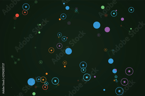 Abstract Colorful Network Connection Diagram with Circle Nodes on Dark Background