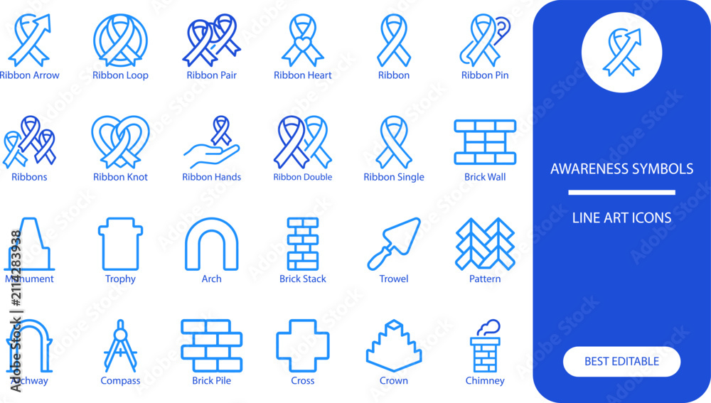 Fototapeta premium Awareness symbols icon set. Bold glyph collection of ribbon, hand, cross and brick wall for health and social campaigns
