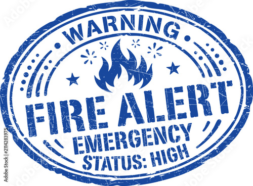 Blue grunge oval fire alert warning stamp with flame symbol seal