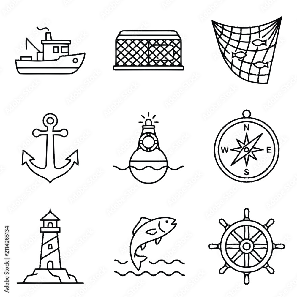 Fototapeta premium Nautical and maritime fishing icon set in line art style.