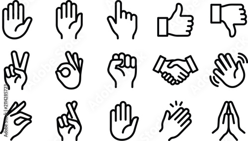 Bild auf Leinwand Set of black and white hand gesture icons representing various human communicati