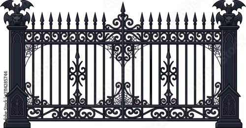 Halloween gothic iron fence with bats and spider webs