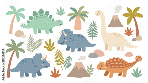 Foto Prehistoric landscape scene with diverse dinosaur species.