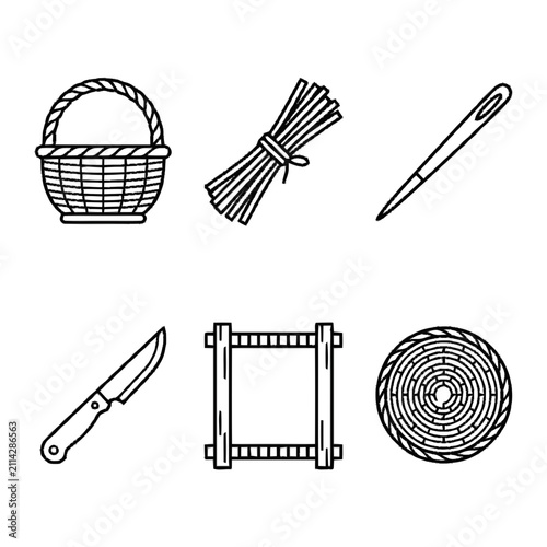 Canvastavla Basket weaving tools and products line icons set.