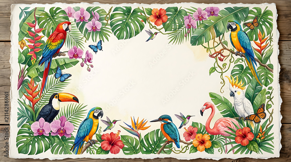 Obraz premium Tropical exotic birds and flowers watercolor floral frame