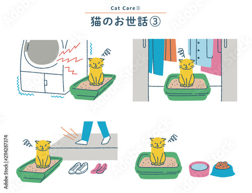 不適切な場所にトイレを設置され不満な猫　猫のトイレに関する素材セット