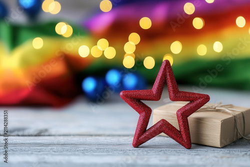 Star, gift, rainbow, light, bokeh, festive holiday decoration with red ornament and wrapped present on rustic wooden surface