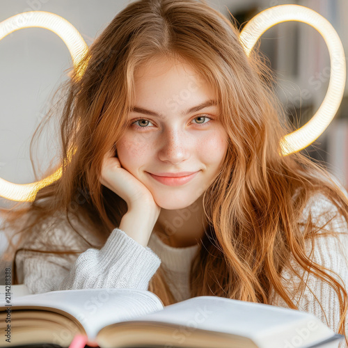Student book woman portrait study smile education youth red hair student portrait with open book, relaxed smile, warm light, and cozy indoor