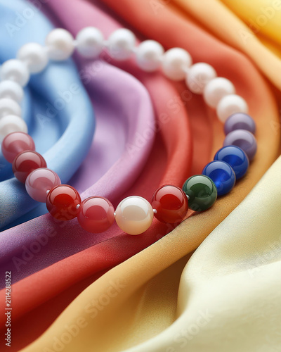 Pearl necklace rainbow fabric bead close up colorful cultural jewelry pride accessory on soft draped textile