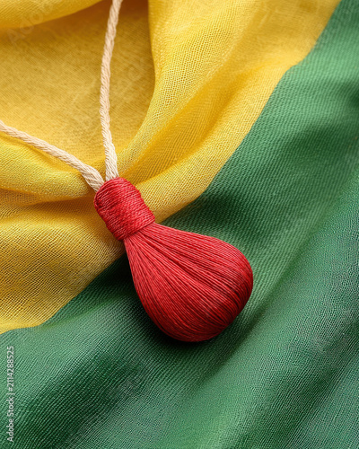 Red tassel necklace, yellow green fabric, close up symbolic cultural pendant glowing with pride color on woven textile