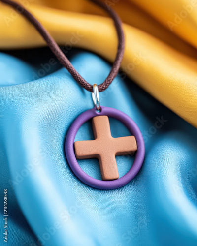 Cross necklace pendant, purple circle, blue fabric, yellow fabric, cord closeup showing symbolic cultural jewelry with pride color