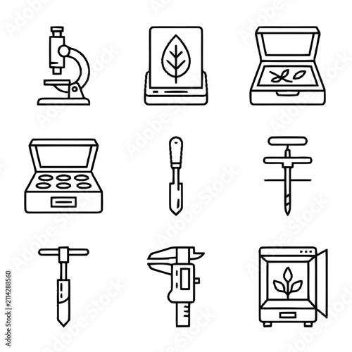 Set of line icons related to agronomy, plant science, and laboratory equipment for agricultural research