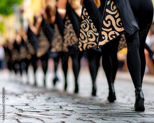 Performer parade flag black pattern costume, close up view of marching performer leg holding decorative flag on street
