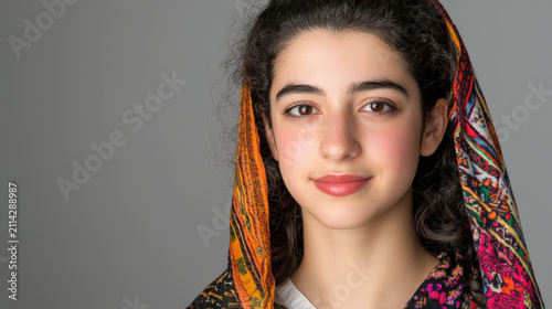 Young woman portrait traditional attire headscarf gray background calm expression studio close up of Middle Eastern female