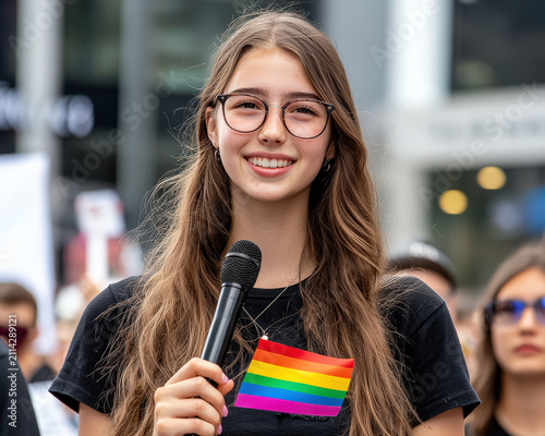 Young activist speech pride rally rainbow flag microphone woman smile giving public address at outdoor equality event