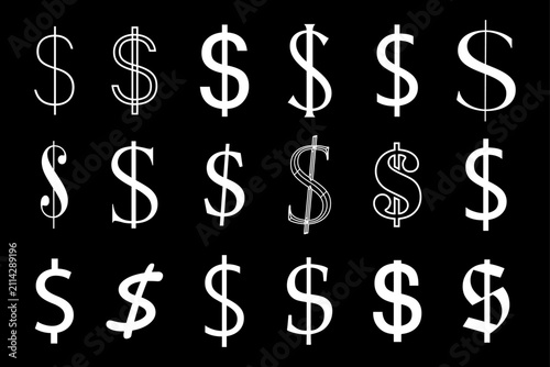 Multiple white dollar sign symbols on a black background financial currency illustration