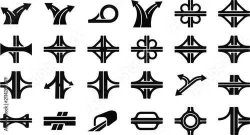 Cuadro en lienzo Set of black and white road junction and highway interchange icons for urban pla