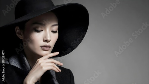 Luxury Fashion Editorial Portrait of Elegant Woman in Wide-Brim Hat with Copy Space