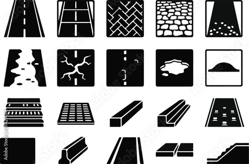 Set of black and white road and highway surface texture icons and infrastructure design elements