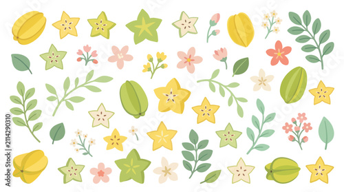 Cuadro en lienzo Seamless starfruit and green leaf pattern.