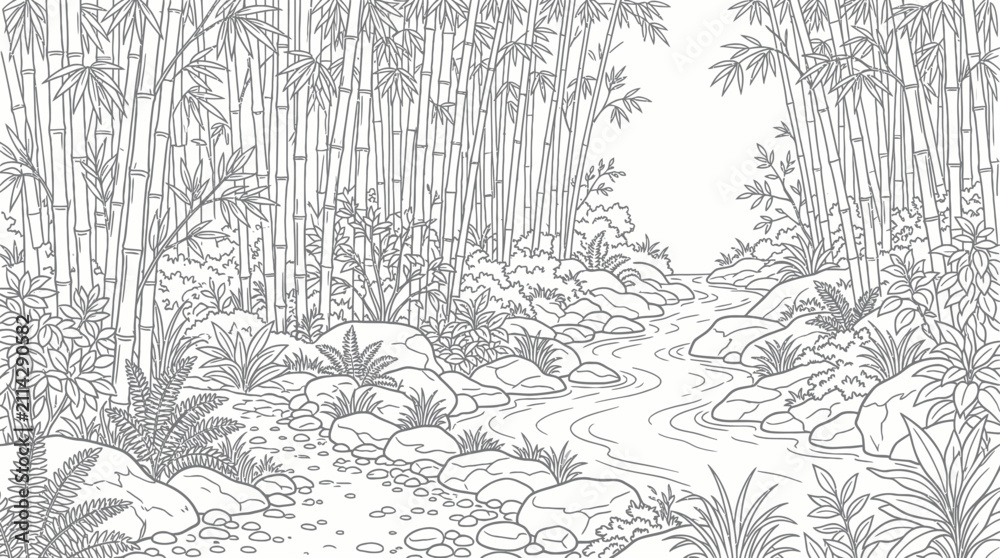 Obraz premium Serene bamboo forest with rocky stream coloring page illustration.