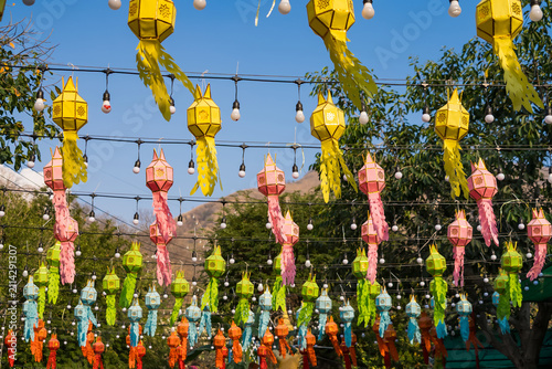 Festival Lanterns Hung Outdoors: Colorful paper lanterns in various shapes and sizes, illuminated by string lights, hang outdoors against a backdrop of trees and a blue sky.