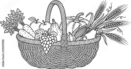 Foto Detailed line art illustration of a harvest basket filled with fresh produce
