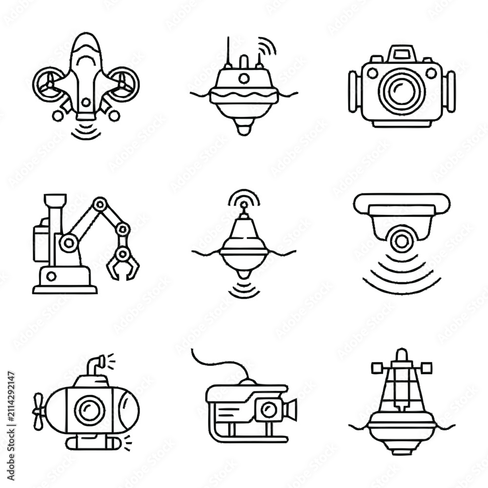 Fototapeta premium Set of Futuristic Technology and Robotic Device Line Icons for Automation, Science, and Engineering
