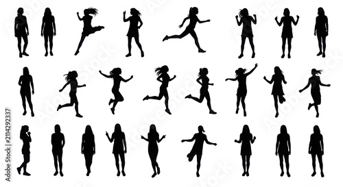 Dynamic Female Silhouettes of Women Running, Dancing, and Jumping