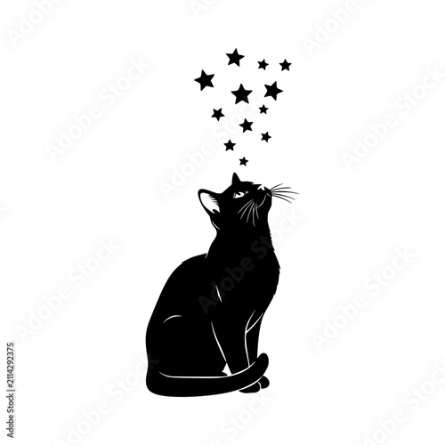 Fotografie Cat gazing upward silhouette vector illustration, Cat silhouette sitting and gaz