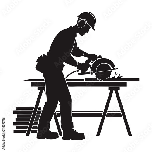 Professional Carpenter Working with Circular Saw Silhouette Vector
