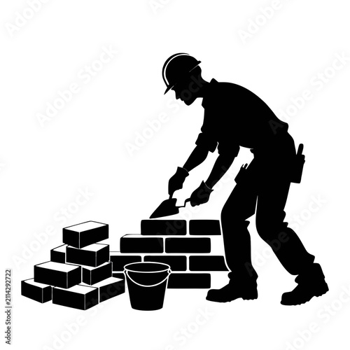 Bricklayer Building Brick Wall Silhouette Vector Isolated