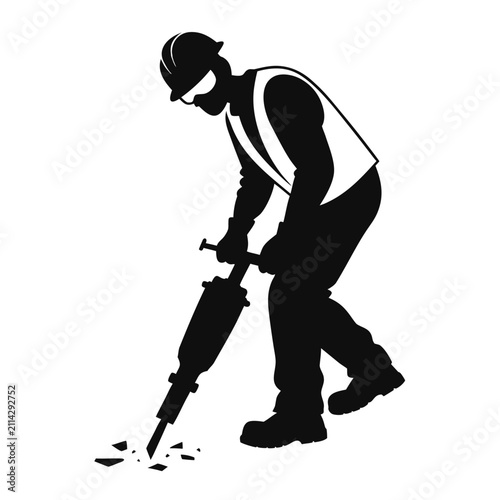 Construction Worker Digging Ground with Shovel Silhouette Vector