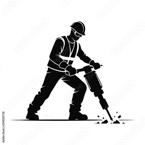 Worker Breaking Concrete with Jackhammer Silhouette Vector