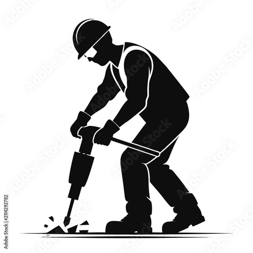 Construction Worker Operating Jackhammer Silhouette Vector