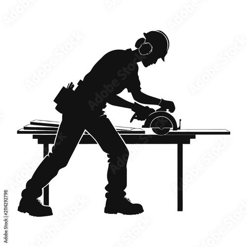 Carpenter Cutting Wood with Circular Saw Silhouette Vector Isolated