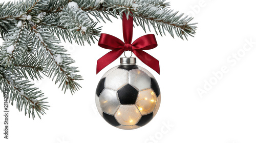 Soccer ball christmas ornament hanging on a snowy pine branch isolated on transparent background