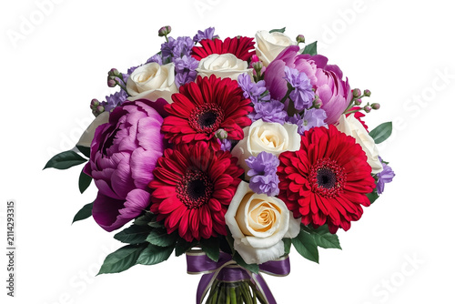 Colorful mixed flower bouquet with red and purple blooms isolated on transparent background