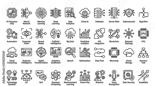 Icons depicting advanced technology concepts and artificial intelligence systems are presented in a comprehensive set for software engineering projects and modern digital infrastructure development.