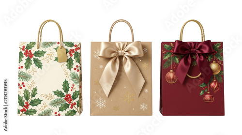 Three decorative christmas gift bags with holiday themes isolated on transparent background