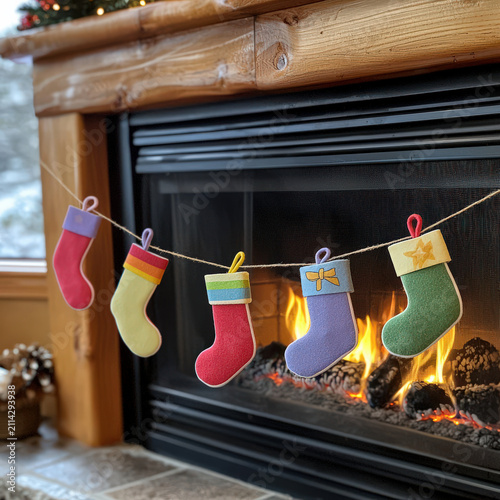Fireplace stocking mantel holiday decoration garland cozy indoor, colorful stocking hanging on string over warm fire